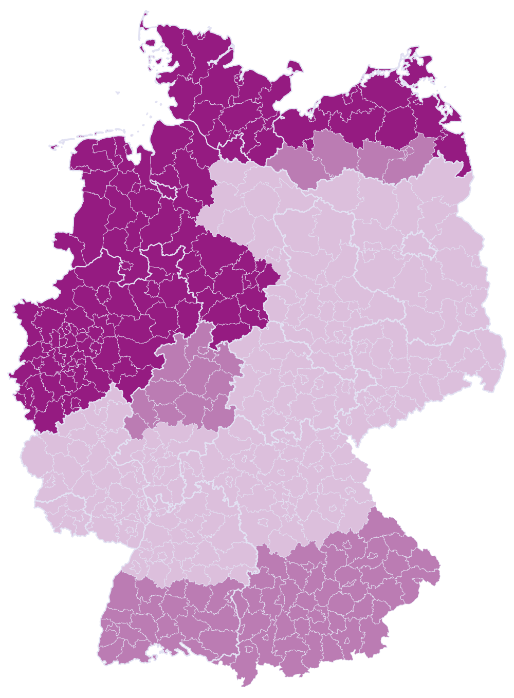 Deutschlandkarte mit drei farblich markierten Preisregionen