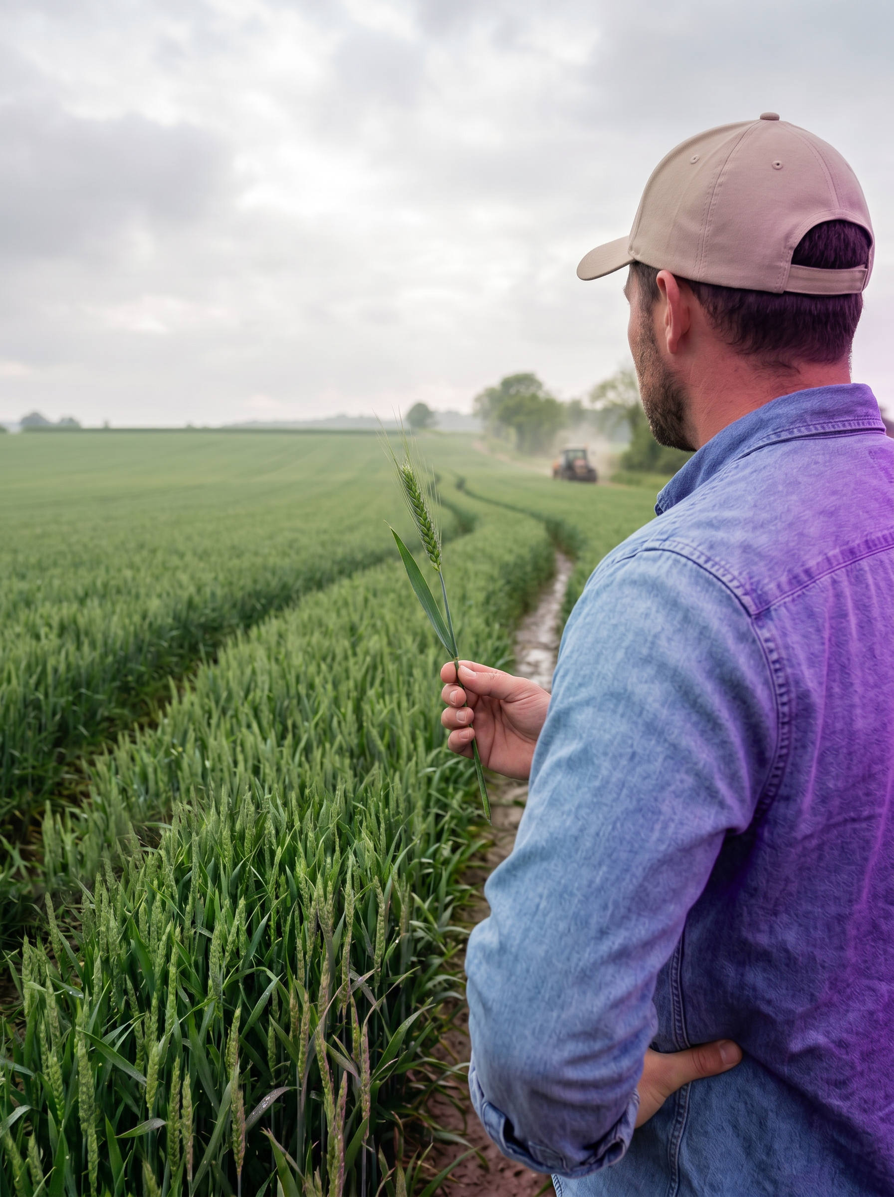 Landwirt begutachtet junge Getreidepflanzen auf dem Feld