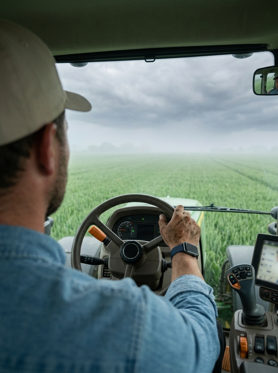 Landwirt mit Kappe blickt über ein grünes Getreidefeld